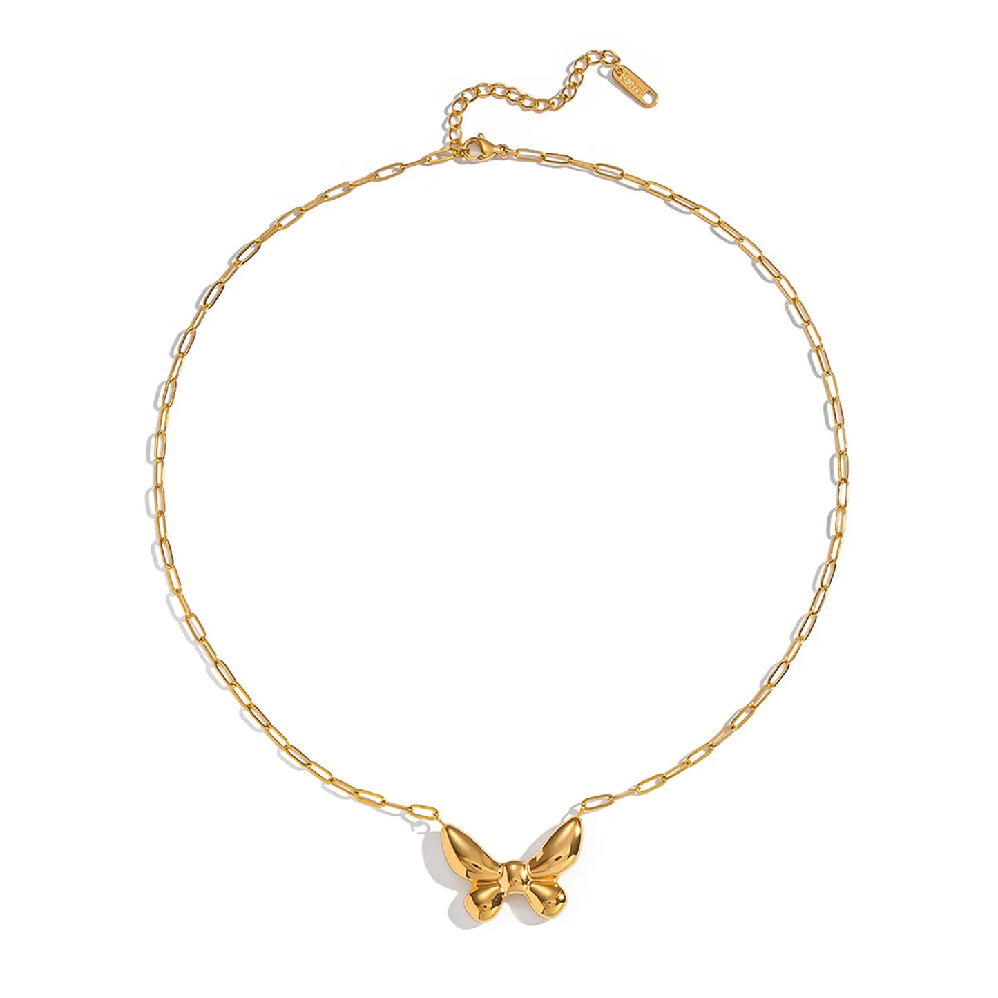 18K Gold Puffy Bow Link Necklace | 42+5cm Adjustable Chain | 27x20mm 3D Bow Pendant | Wholesale Bulk (MOQ 12)