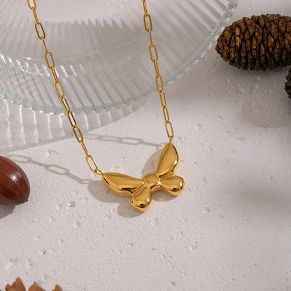 18K Gold Puffy Bow Link Necklace | 42+5cm Adjustable Chain | 27x20mm 3D Bow Pendant | Wholesale Bulk (MOQ 12)