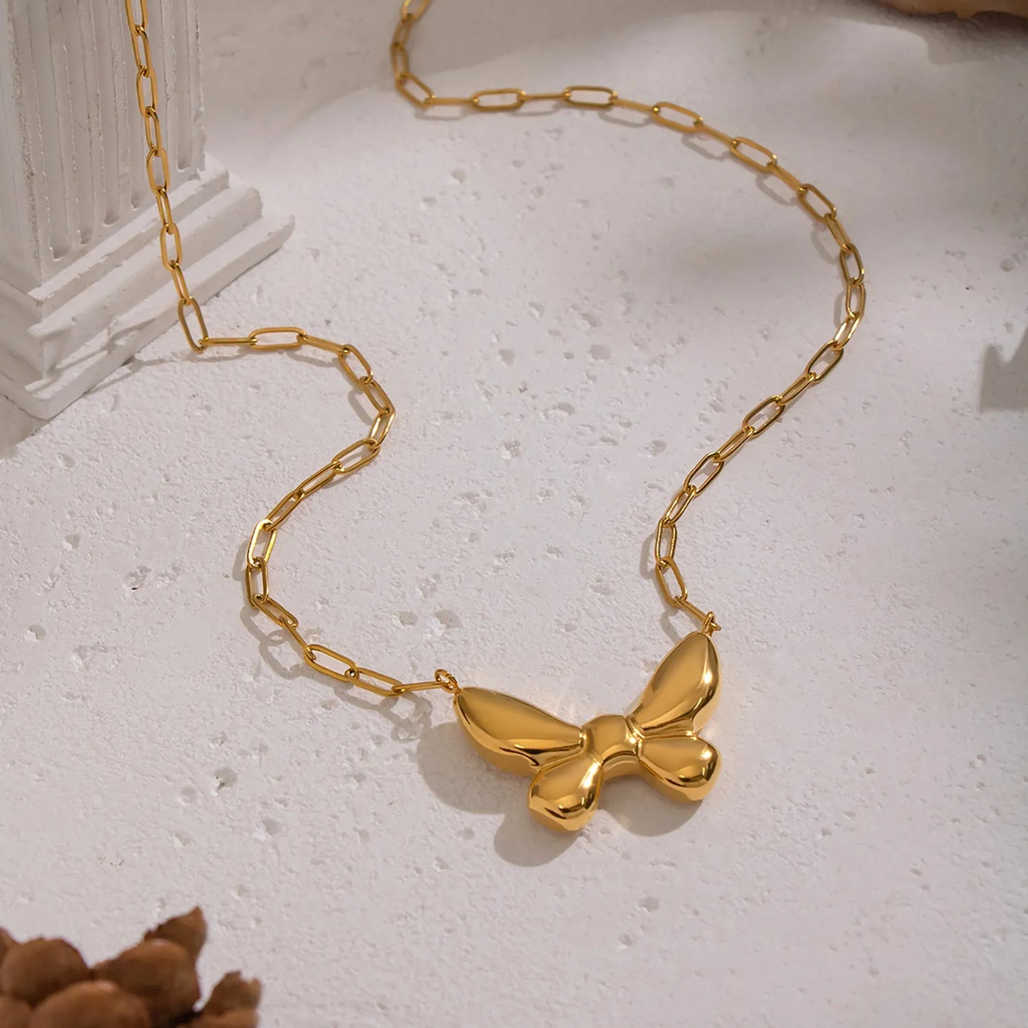 18K Gold Puffy Bow Link Necklace | 42+5cm Adjustable Chain | 27x20mm 3D Bow Pendant | Wholesale Bulk (MOQ 12)