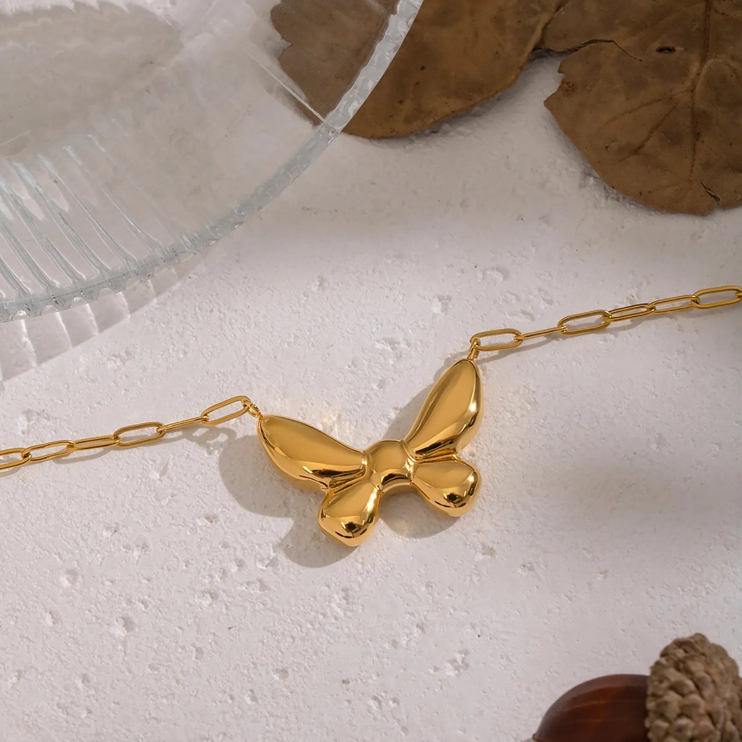 18K Gold Puffy Bow Link Necklace | 42+5cm Adjustable Chain | 27x20mm 3D Bow Pendant | Wholesale Bulk (MOQ 12)