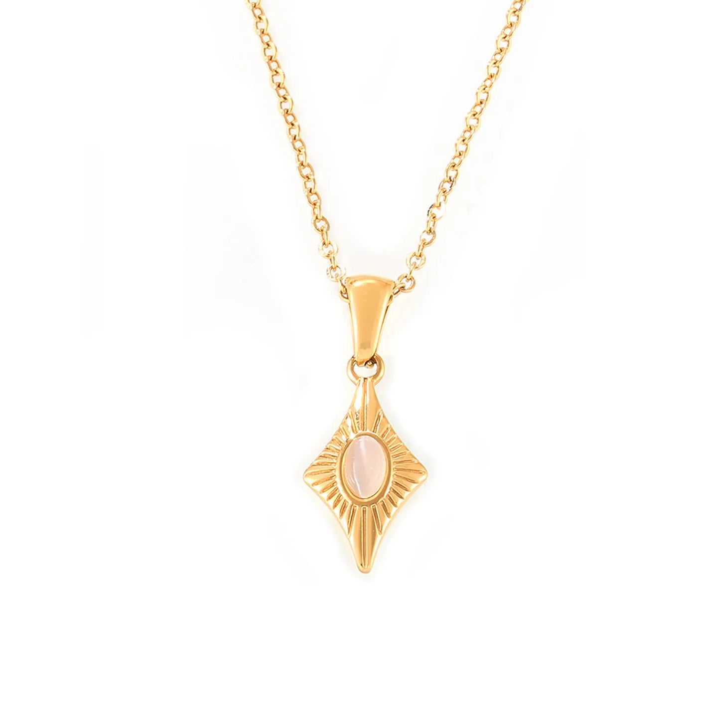 18K Gold Sunburst Star Pendant Necklace | 40+5cm Adjustable Chain | 9.6x19mm Pink Stone Accent | Wholesale (MOQ 12)