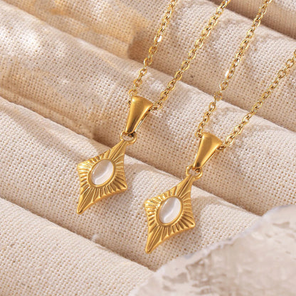 18K Gold Sunburst Star Pendant Necklace | 40+5cm Adjustable Chain | 9.6x19mm Pink Stone Accent | Wholesale (MOQ 12)