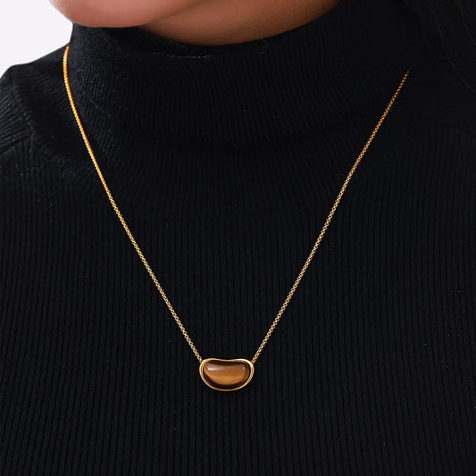 18K Gold Tiger Eye Pendant Necklace | 64cm Long Chain | 20×12mm Natural Stone Accent | Wholesale (MOQ 12)