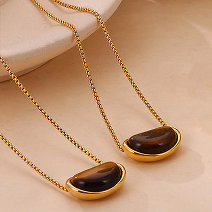 18K Gold Tiger Eye Pendant Necklace | 64cm Long Chain | 20×12mm Natural Stone Accent | Wholesale (MOQ 12)