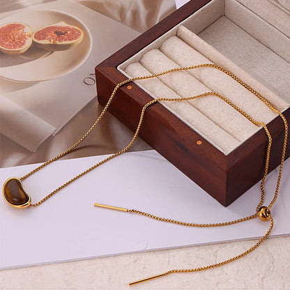 18K Gold Tiger Eye Pendant Necklace | 64cm Long Chain | 20×12mm Natural Stone Accent | Wholesale (MOQ 12)