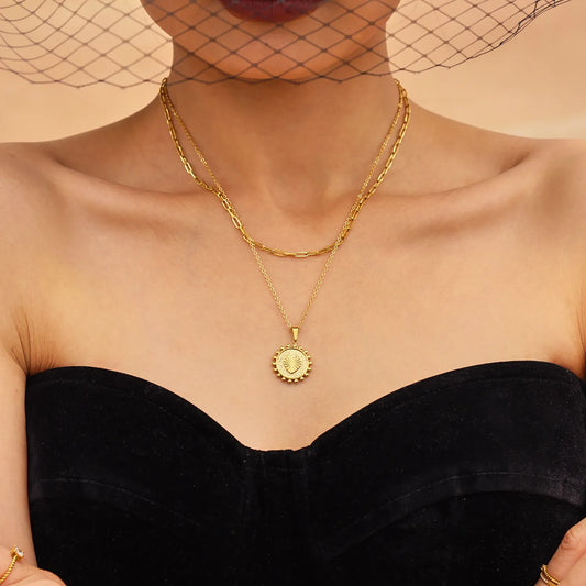 Wholesale Gold Layered Medallion Necklace | Dual Chains (35+5cm/40cm) | 17.8mm Heart Accent Pendant | MOQ 12