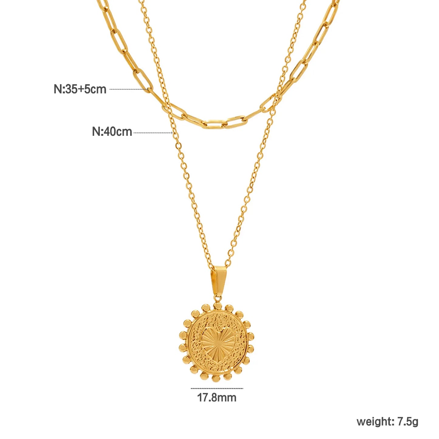Wholesale Gold Layered Medallion Necklace | Dual Chains (35+5cm/40cm) | 17.8mm Heart Accent Pendant | MOQ 12