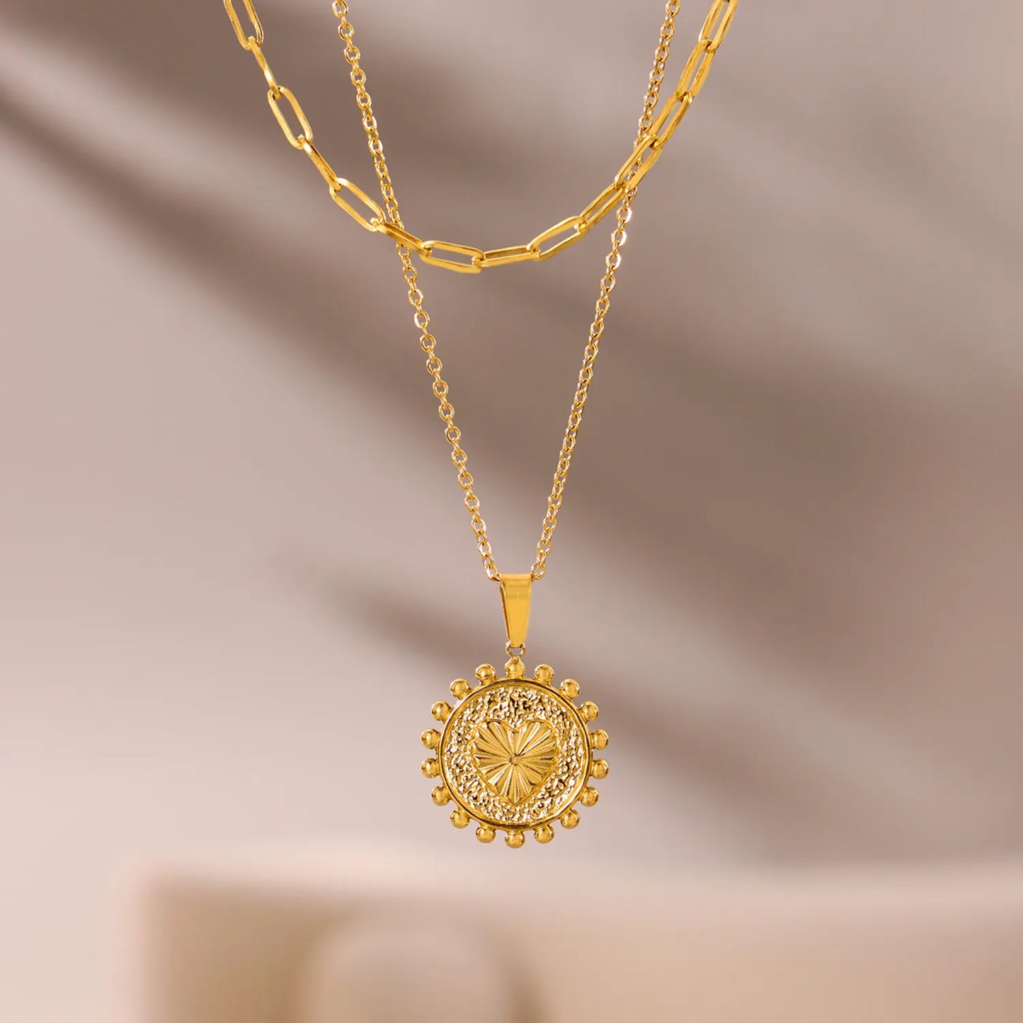 Wholesale Gold Layered Medallion Necklace | Dual Chains (35+5cm/40cm) | 17.8mm Heart Accent Pendant | MOQ 12