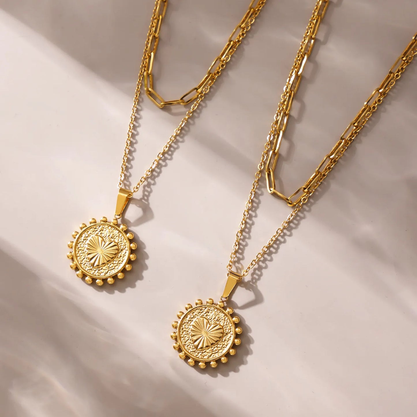 Wholesale Gold Layered Medallion Necklace | Dual Chains (35+5cm/40cm) | 17.8mm Heart Accent Pendant | MOQ 12