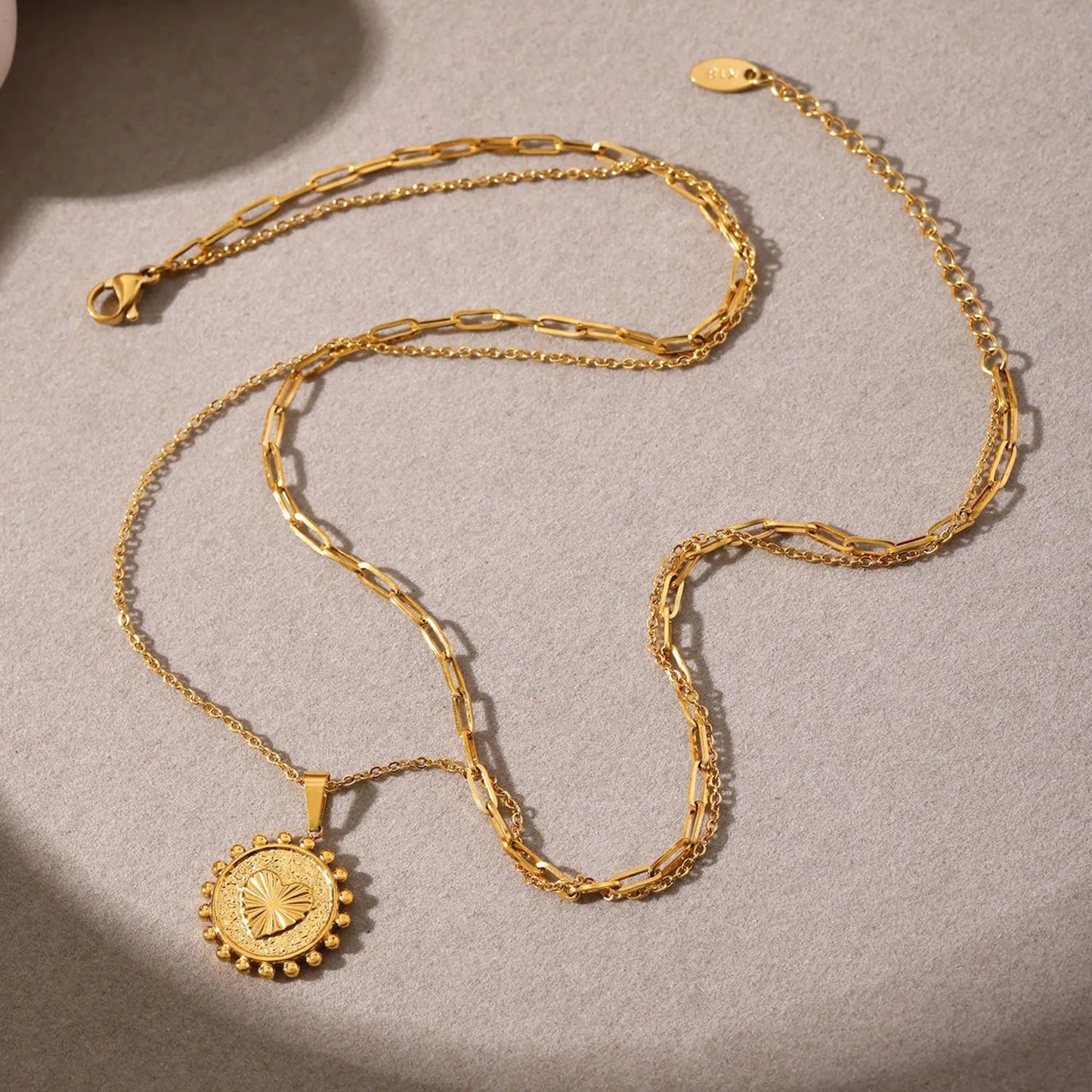 Wholesale Gold Layered Medallion Necklace | Dual Chains (35+5cm/40cm) | 17.8mm Heart Accent Pendant | MOQ 12