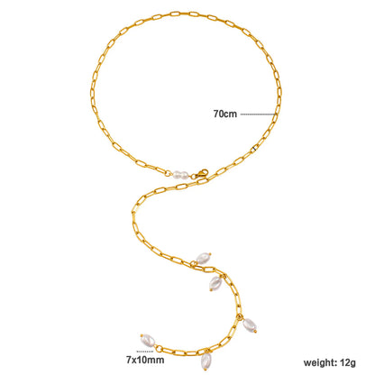 Wholesale Gold & Pearl Long Layering Necklace | 70cm Link Chain | 7x10mm Scattered Baroque Pearls | MOQ 12