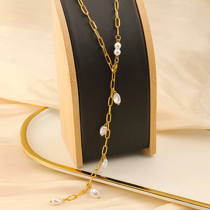 Wholesale Gold & Pearl Long Layering Necklace | 70cm Link Chain | 7x10mm Scattered Baroque Pearls | MOQ 12