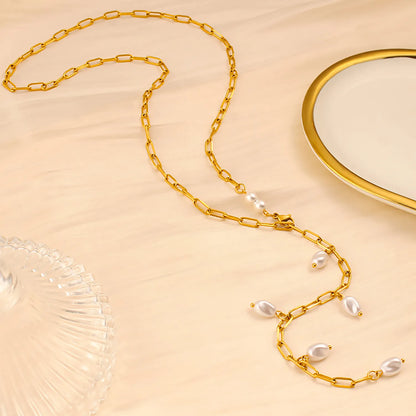 Wholesale Gold & Pearl Long Layering Necklace | 70cm Link Chain | 7x10mm Scattered Baroque Pearls | MOQ 12