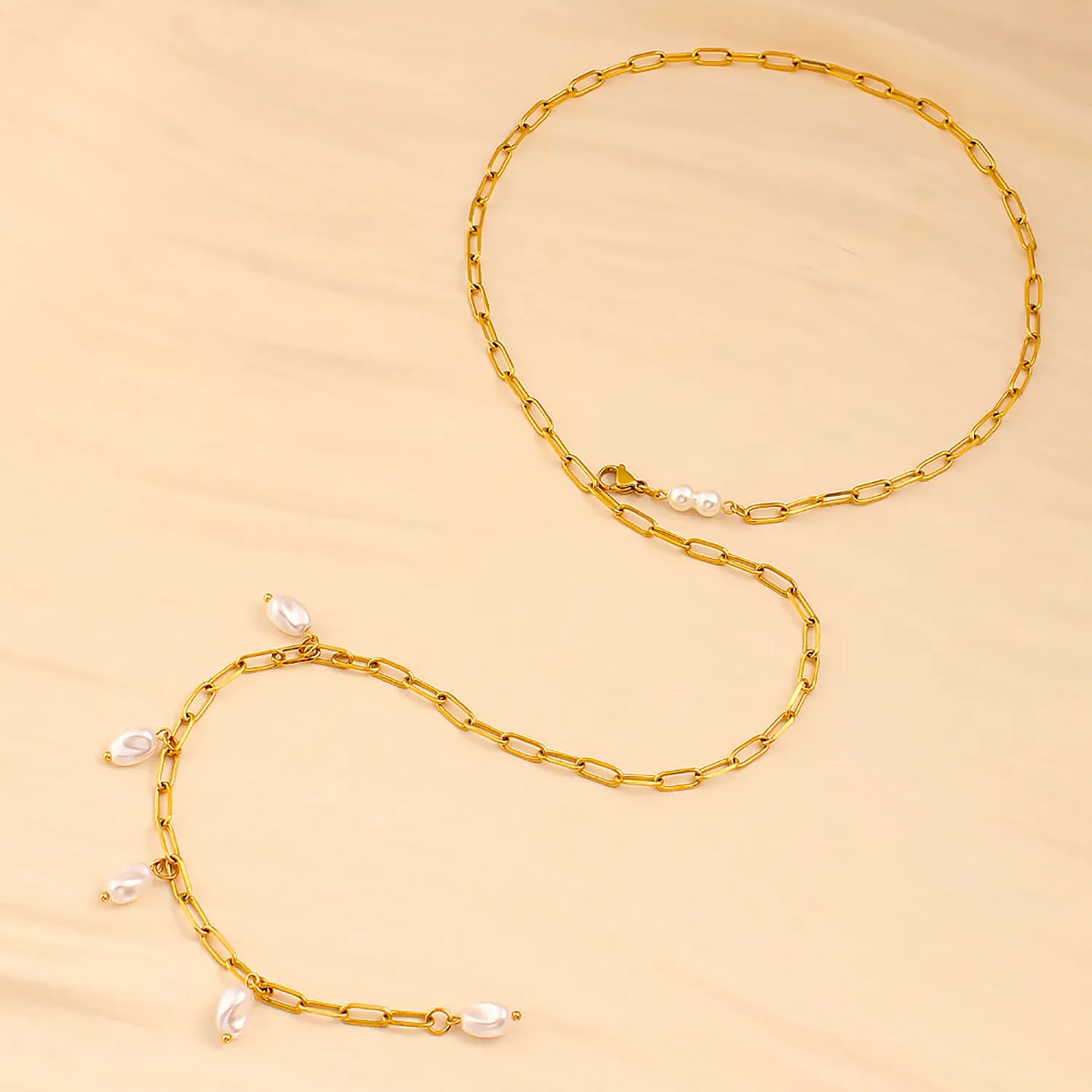 Wholesale Gold & Pearl Long Layering Necklace | 70cm Link Chain | 7x10mm Scattered Baroque Pearls | MOQ 12