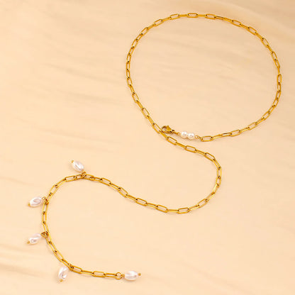 Wholesale Gold & Pearl Long Layering Necklace | 70cm Link Chain | 7x10mm Scattered Baroque Pearls | MOQ 12