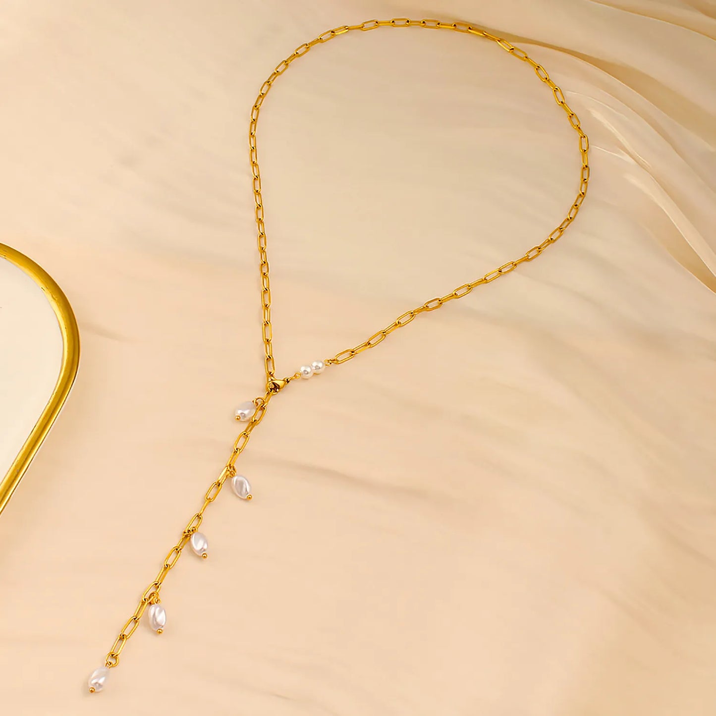 Wholesale Gold & Pearl Long Layering Necklace | 70cm Link Chain | 7x10mm Scattered Baroque Pearls | MOQ 12