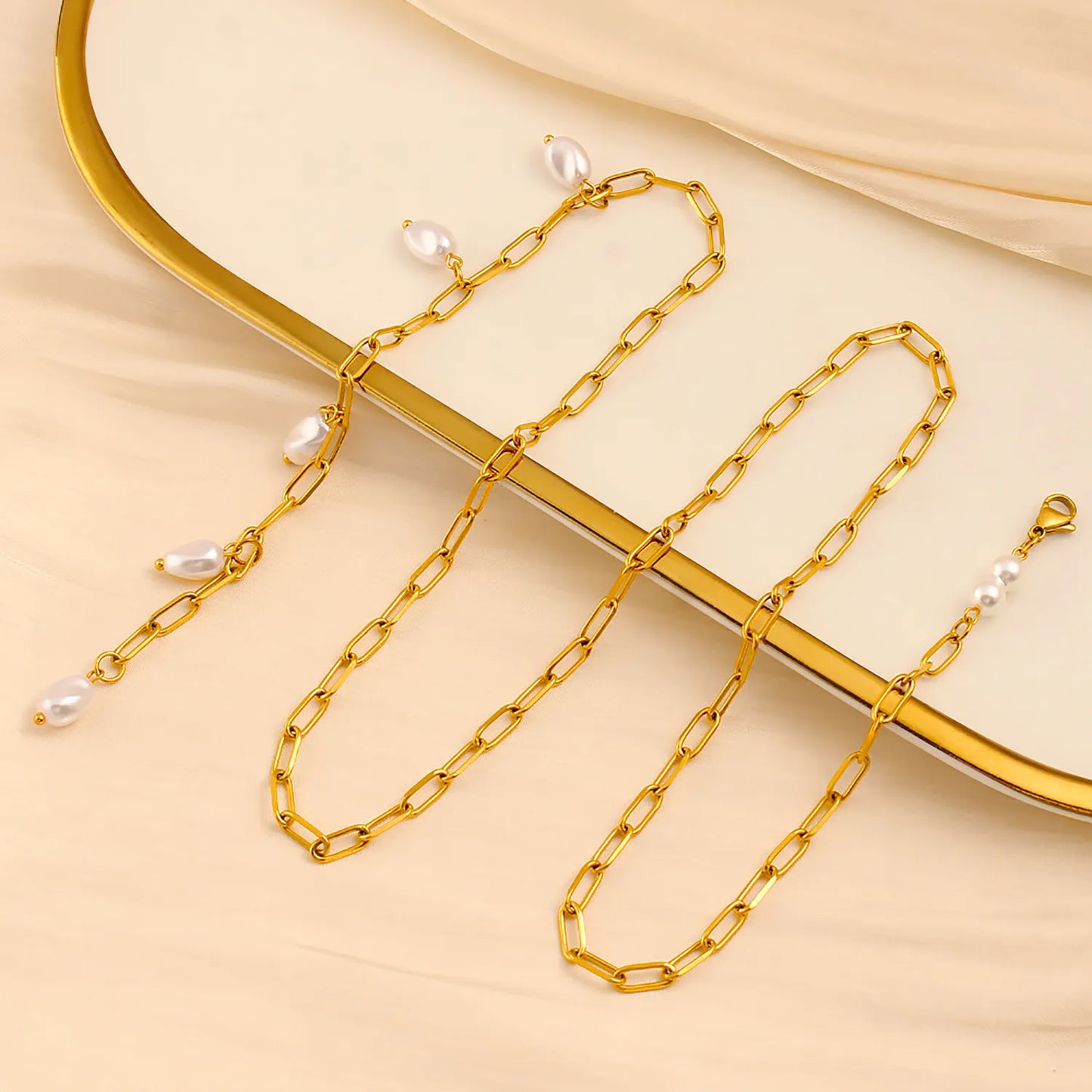Wholesale Gold & Pearl Long Layering Necklace | 70cm Link Chain | 7x10mm Scattered Baroque Pearls | MOQ 12