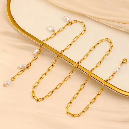 Wholesale Gold & Pearl Long Layering Necklace | 70cm Link Chain | 7x10mm Scattered Baroque Pearls | MOQ 12