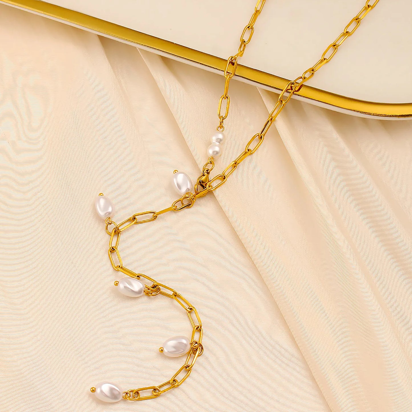 Wholesale Gold & Pearl Long Layering Necklace | 70cm Link Chain | 7x10mm Scattered Baroque Pearls | MOQ 12