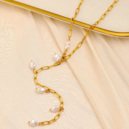 Wholesale Gold & Pearl Long Layering Necklace | 70cm Link Chain | 7x10mm Scattered Baroque Pearls | MOQ 12
