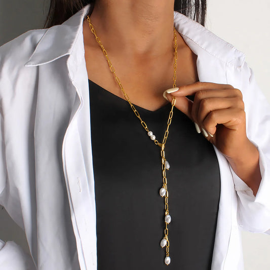 Wholesale Gold & Pearl Long Layering Necklace | 70cm Link Chain | 7x10mm Scattered Baroque Pearls | MOQ 12