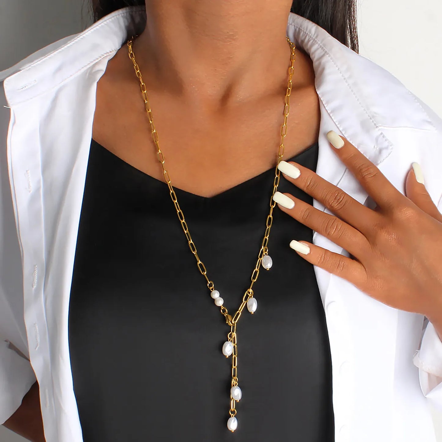Wholesale Gold & Pearl Long Layering Necklace | 70cm Link Chain | 7x10mm Scattered Baroque Pearls | MOQ 12