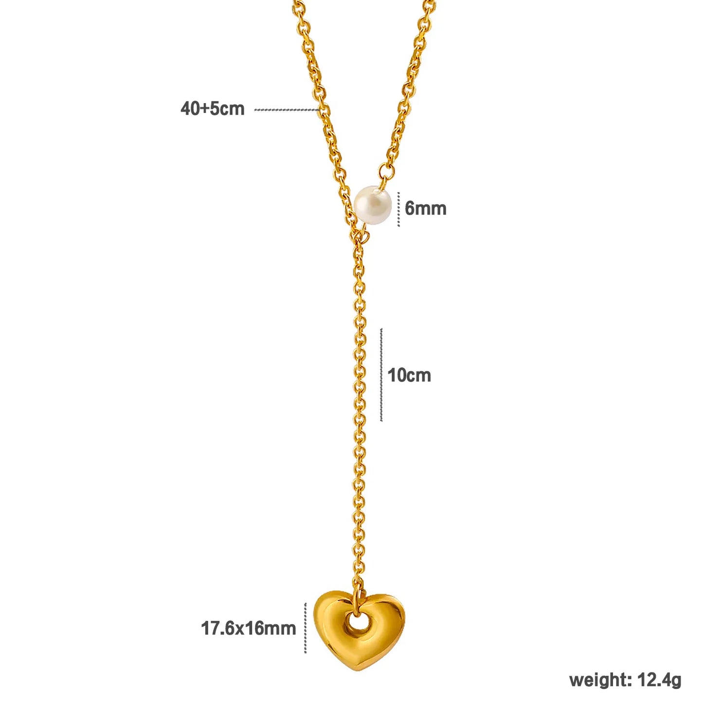Wholesale Gold Heart & Pearl Lariat Necklace | 40+5cm Chain | 10cm Dangling Heart + 6mm Pearl Detail | MOQ 12