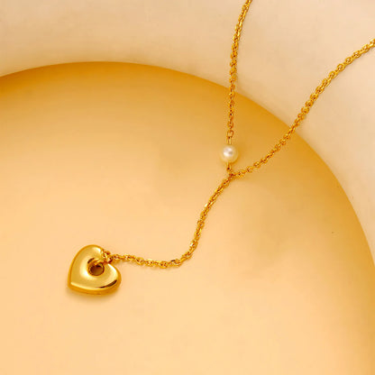 Wholesale Gold Heart & Pearl Lariat Necklace | 40+5cm Chain | 10cm Dangling Heart + 6mm Pearl Detail | MOQ 12