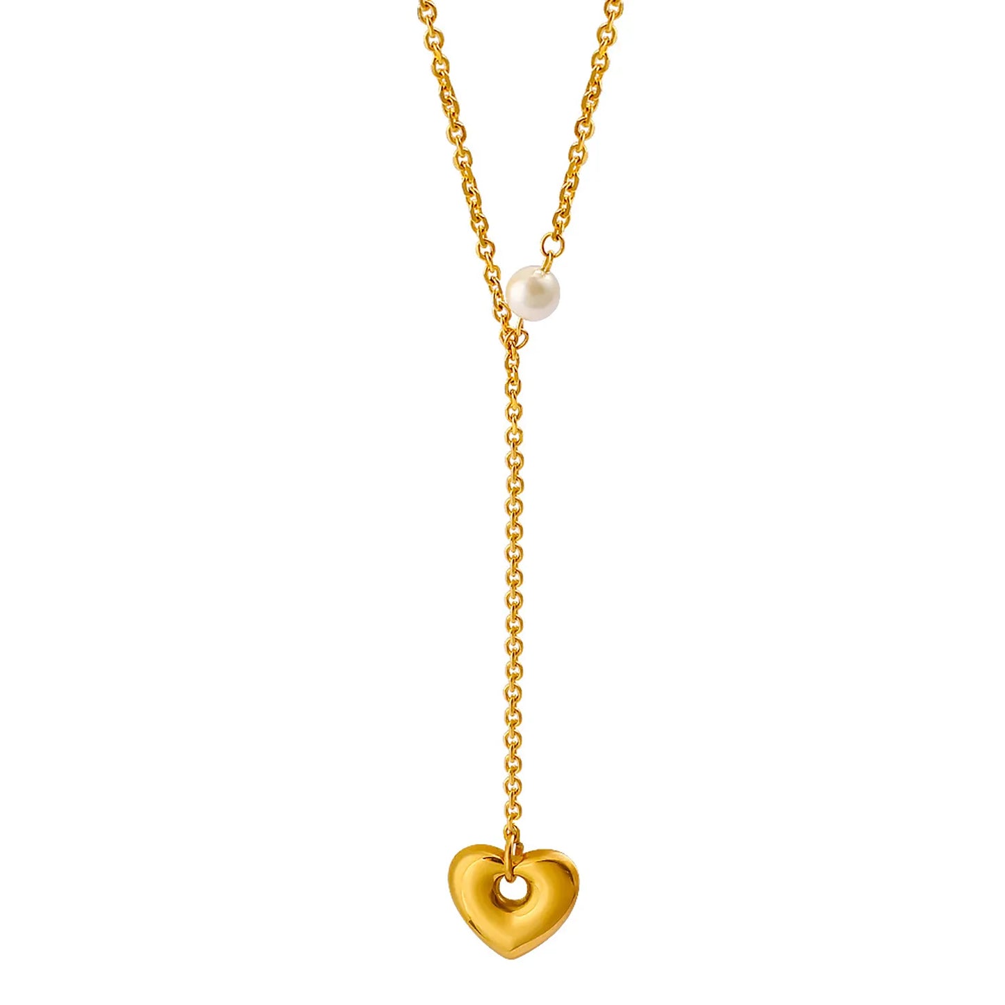 Wholesale Gold Heart & Pearl Lariat Necklace | 40+5cm Chain | 10cm Dangling Heart + 6mm Pearl Detail | MOQ 12