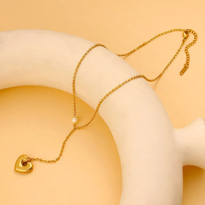Wholesale Gold Heart & Pearl Lariat Necklace | 40+5cm Chain | 10cm Dangling Heart + 6mm Pearl Detail | MOQ 12