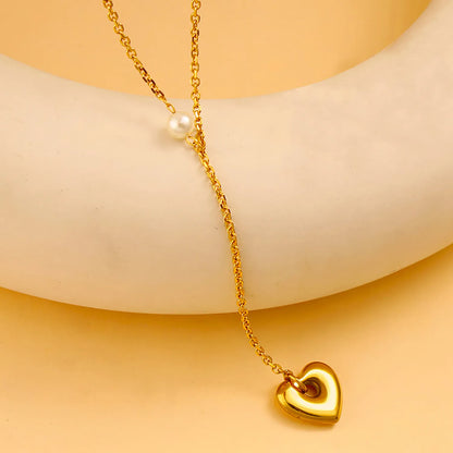Wholesale Gold Heart & Pearl Lariat Necklace | 40+5cm Chain | 10cm Dangling Heart + 6mm Pearl Detail | MOQ 12