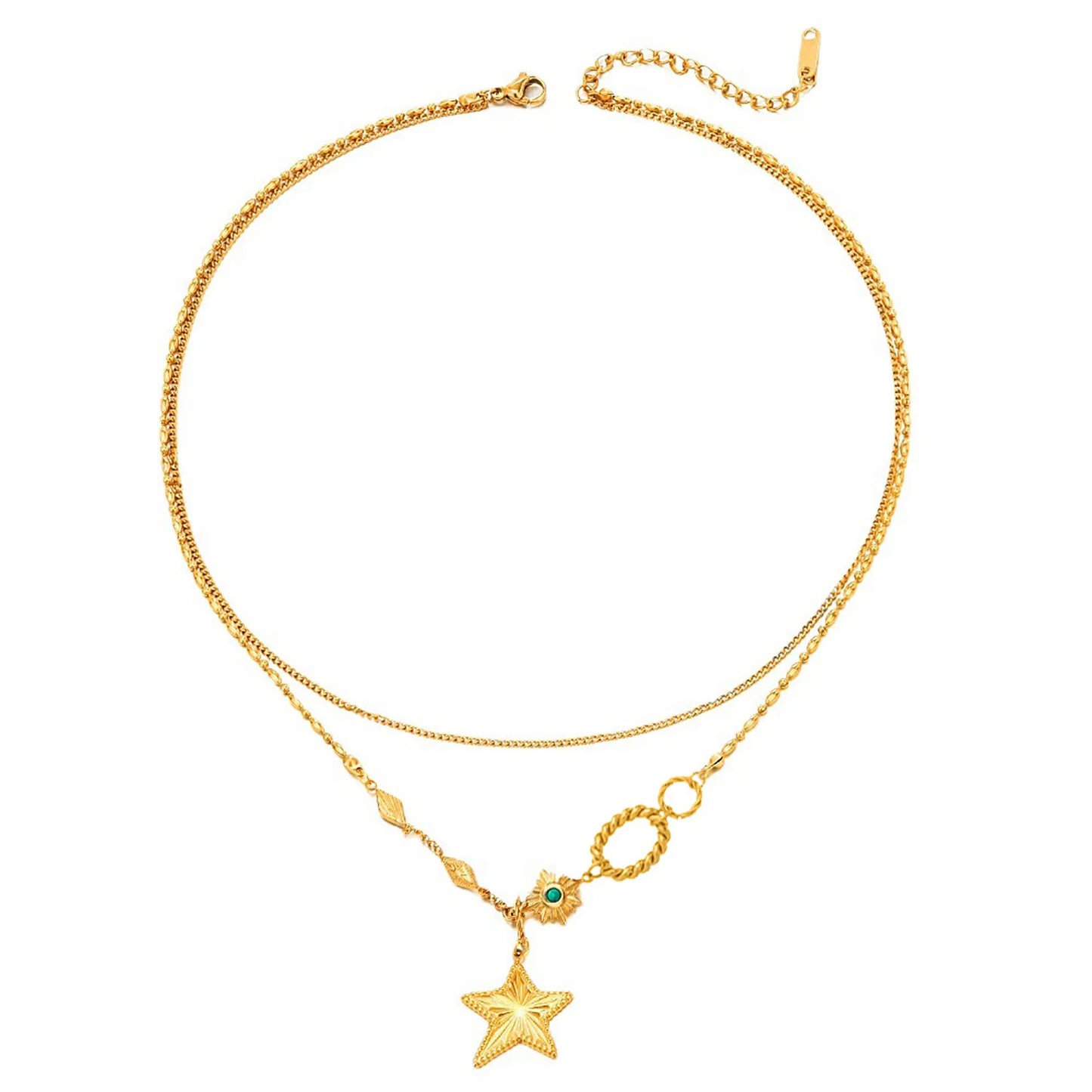 Wholesale Gold Dual-Layered Star Pendant Necklace | 40/45+5cm Chains | 18mm Textured Star + Emerald Detail | MOQ 12