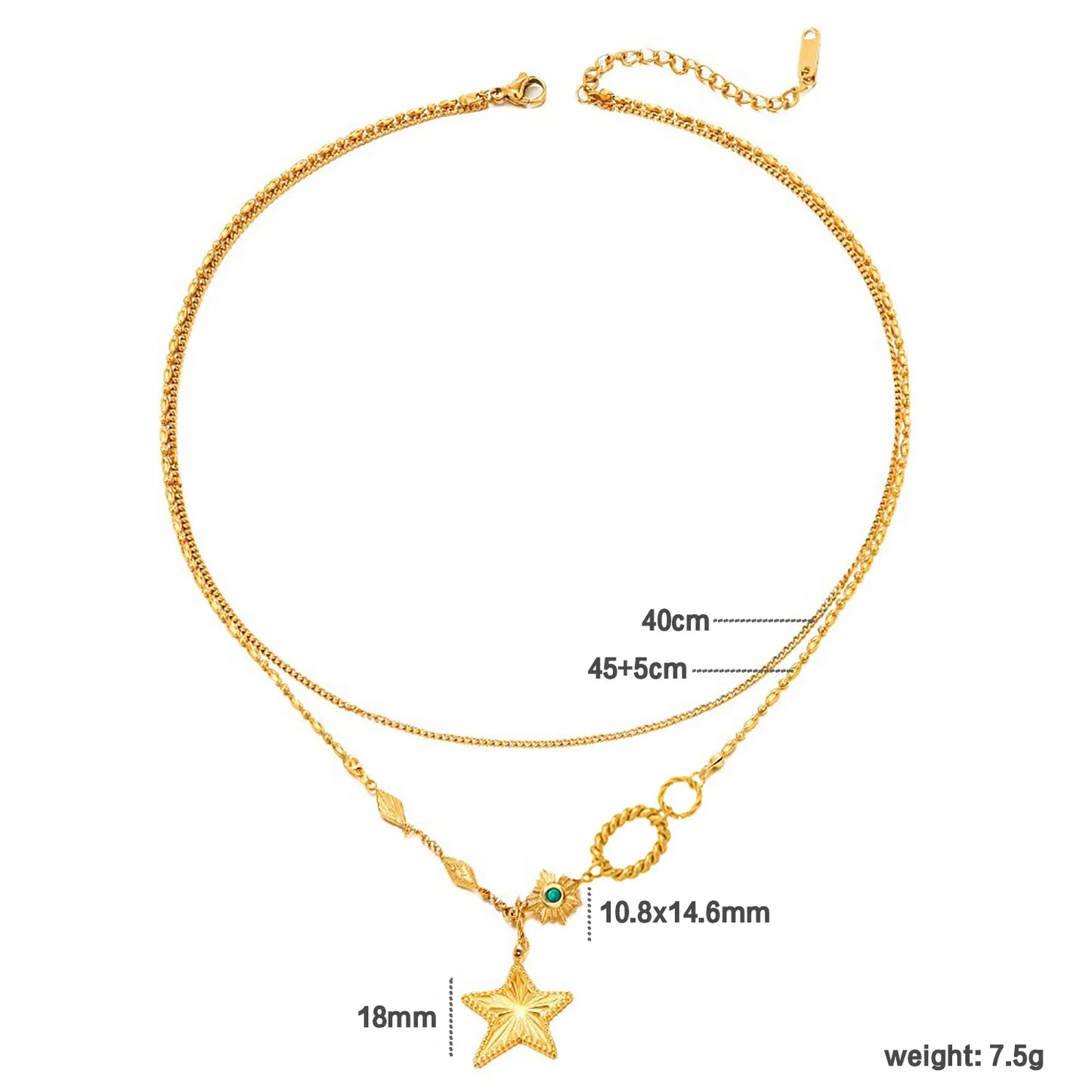 Wholesale Gold Dual-Layered Star Pendant Necklace | 40/45+5cm Chains | 18mm Textured Star + Emerald Detail | MOQ 12