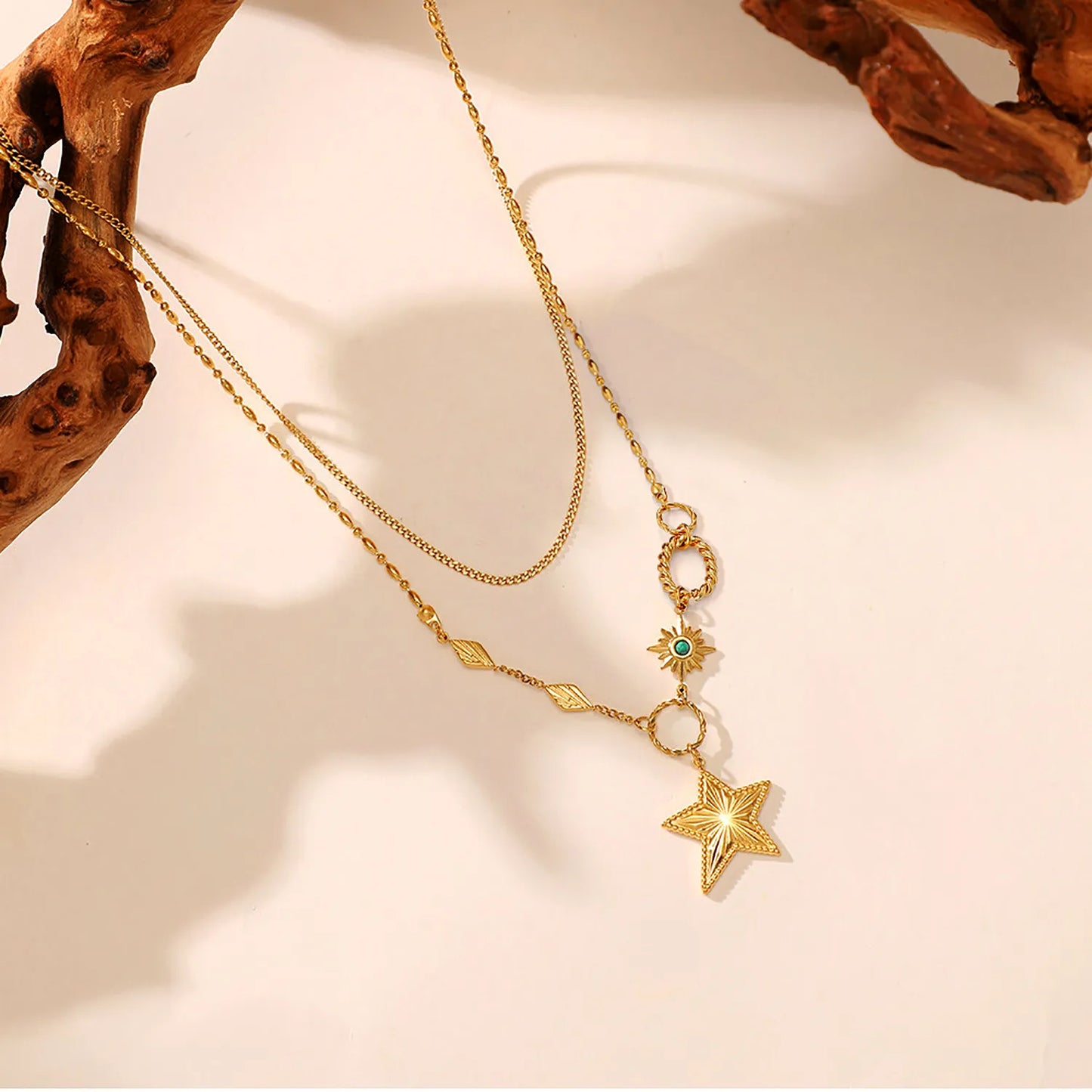 Wholesale Gold Dual-Layered Star Pendant Necklace | 40/45+5cm Chains | 18mm Textured Star + Emerald Detail | MOQ 12