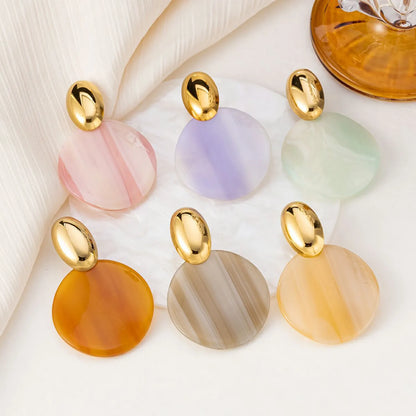 Pastel & Neutral Striped Resin Drop Earrings (6 Color Collection) | 18K Gold Accent | 34mm Statement Design | Wholesale Bulk (MOQ 12)
