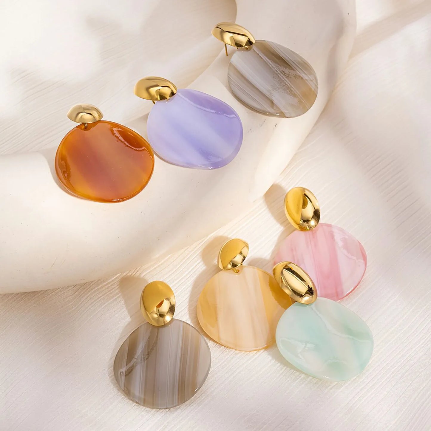 Pastel & Neutral Striped Resin Drop Earrings (6 Color Collection) | 18K Gold Accent | 34mm Statement Design | Wholesale Bulk (MOQ 12)