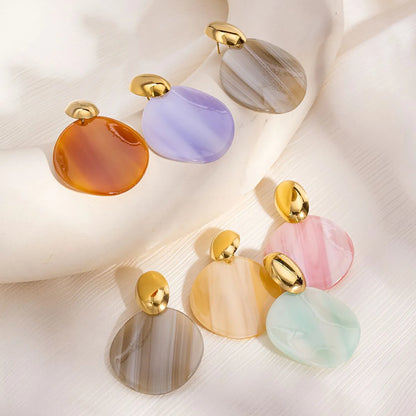 Pastel & Neutral Striped Resin Drop Earrings (6 Color Collection) | 18K Gold Accent | 34mm Statement Design | Wholesale Bulk (MOQ 12)