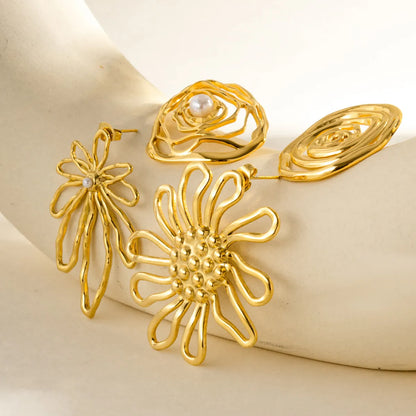 18K Gold Organic Floral & Spiral Drop Earrings (2-Pattern Option) | Pearl & Textured Accents | Wholesale Bulk (MOQ 12)