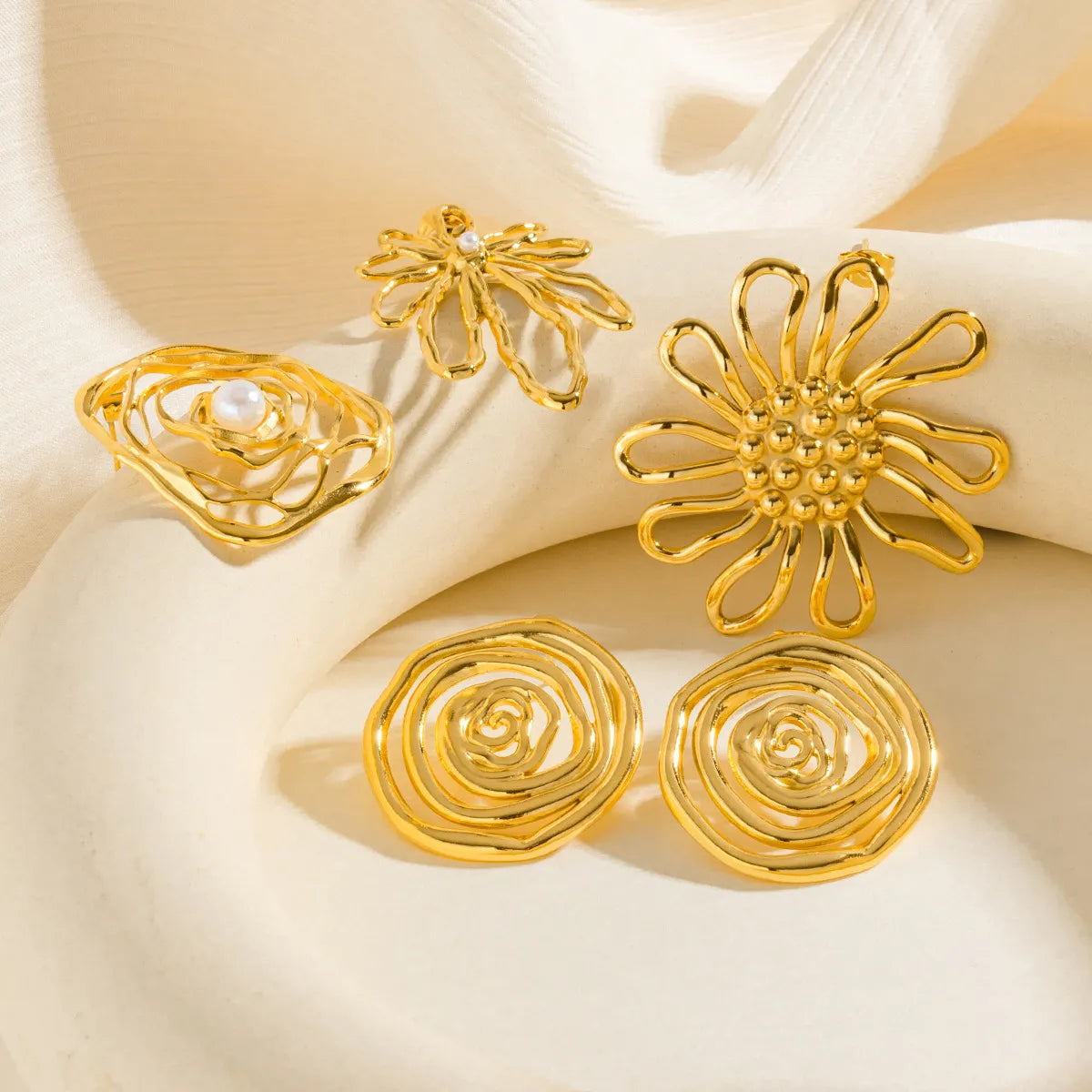 18K Gold Organic Floral & Spiral Drop Earrings (2-Pattern Option) | Pearl & Textured Accents | Wholesale Bulk (MOQ 12)