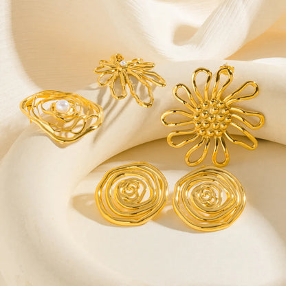 18K Gold Organic Floral & Spiral Drop Earrings (2-Pattern Option) | Pearl & Textured Accents | Wholesale Bulk (MOQ 12)