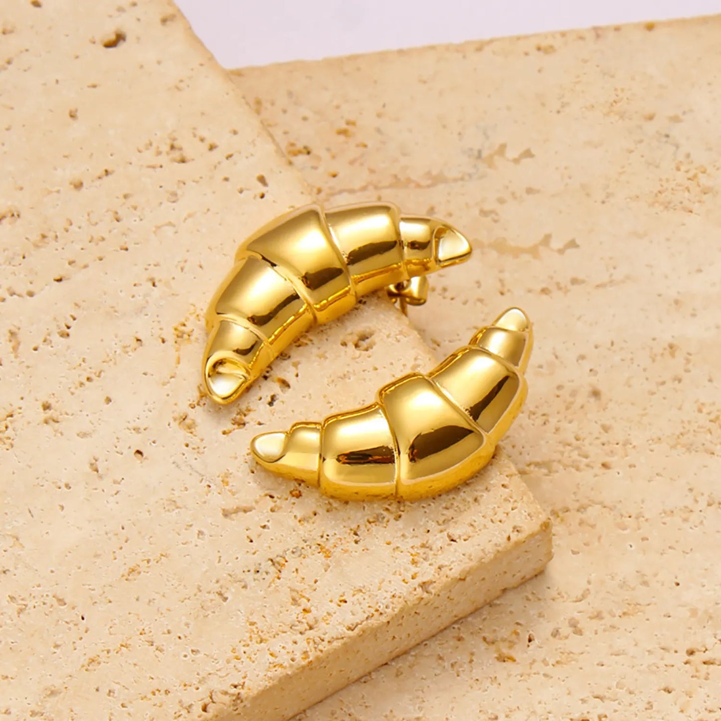 Wholesale Playful 3D Croissant Studs Earrings (Gold/Silver) | 18K Plated Pastry-Shape Earrings | MOQ 12