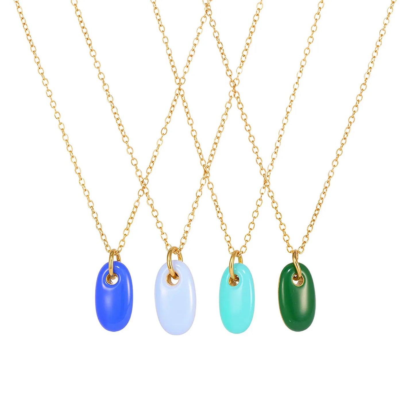 18K Gold Enamel Oval Pendant Necklace Collection | 4 Color Options (White/Blue/Green/Turquoise) | Adjustable Chain | Wholesale (MOQ 12)