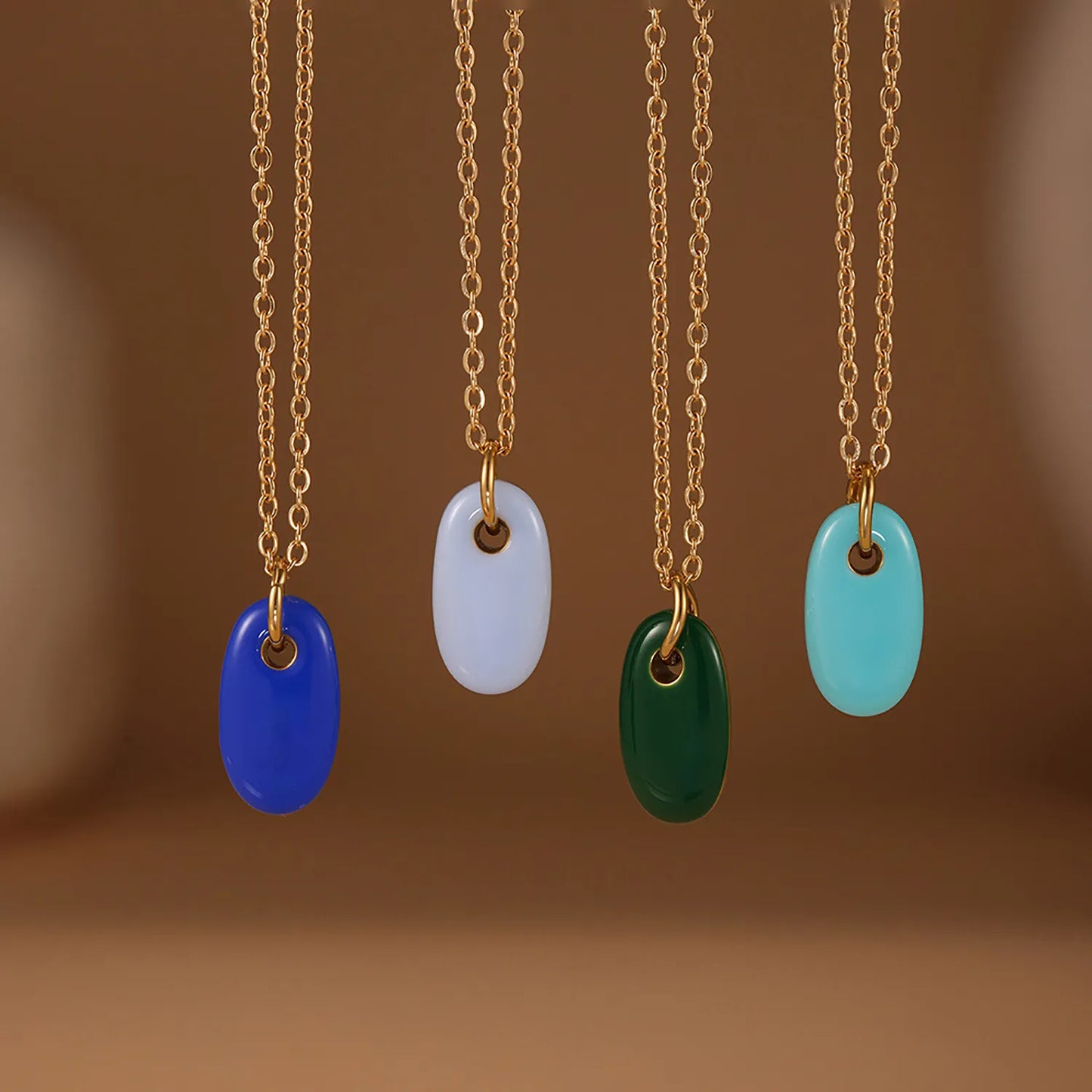 18K Gold Enamel Oval Pendant Necklace Collection | 4 Color Options (White/Blue/Green/Turquoise) | Adjustable Chain | Wholesale (MOQ 12)