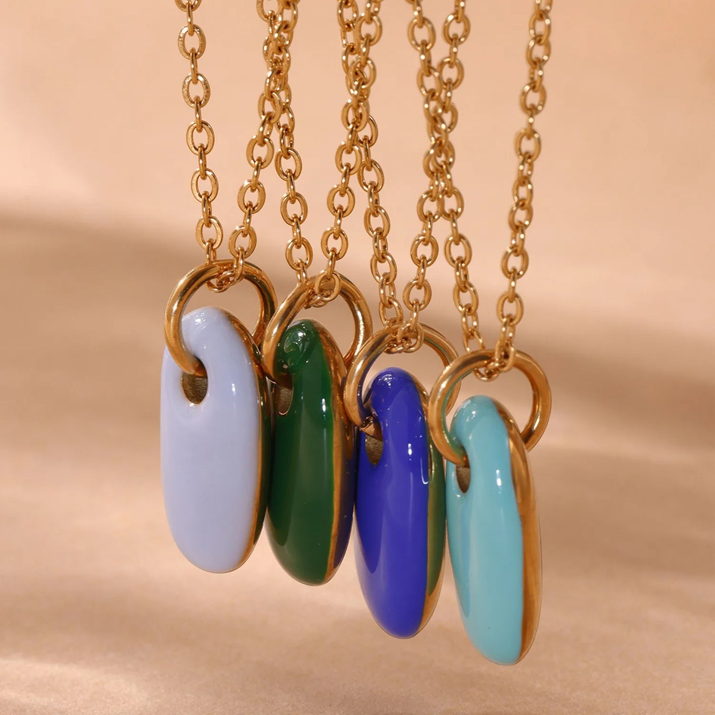 18K Gold Enamel Oval Pendant Necklace Collection | 4 Color Options (White/Blue/Green/Turquoise) | Adjustable Chain | Wholesale (MOQ 12)