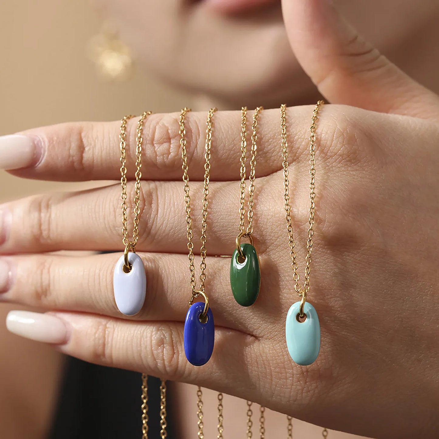 18K Gold Enamel Oval Pendant Necklace Collection | 4 Color Options (White/Blue/Green/Turquoise) | Adjustable Chain | Wholesale (MOQ 12)