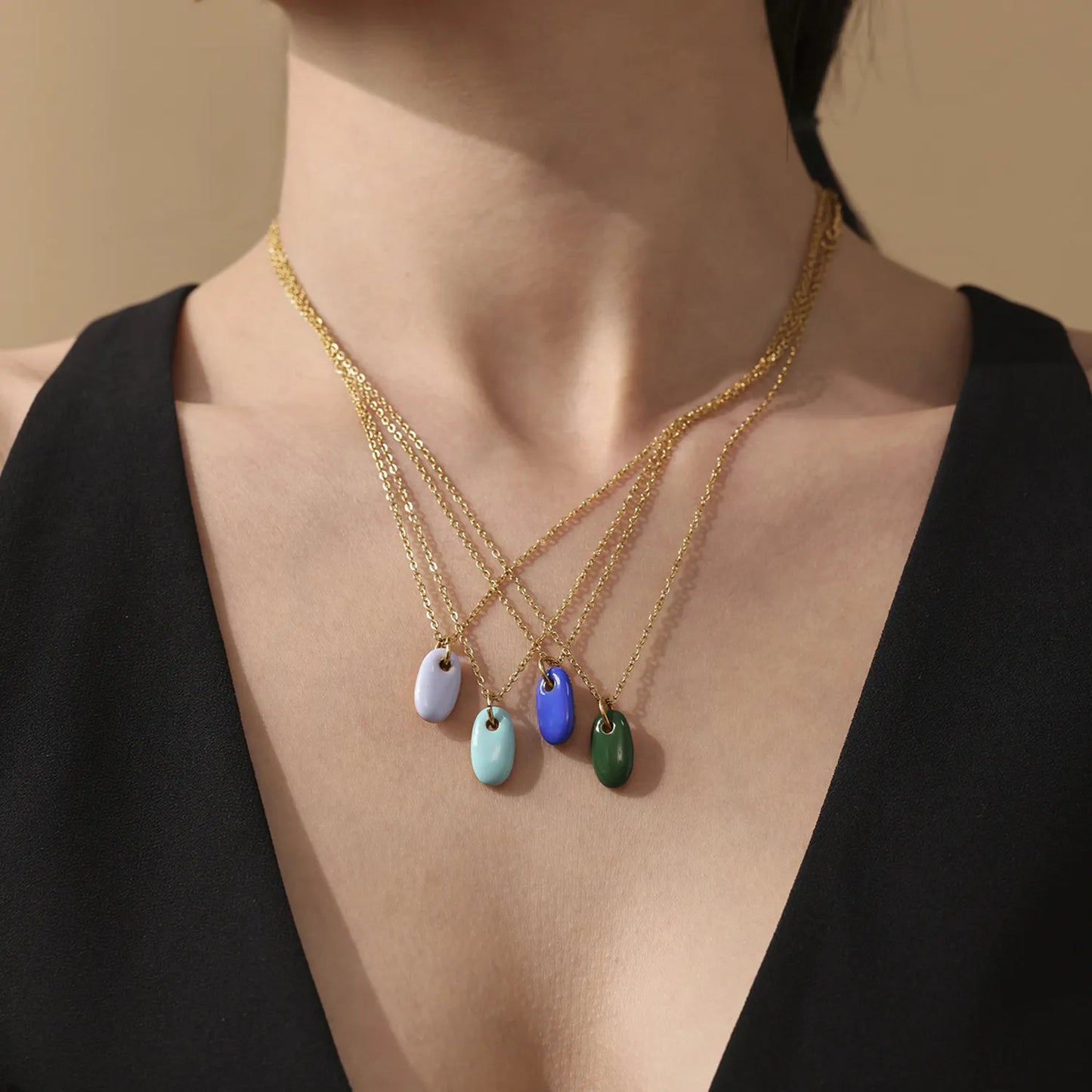18K Gold Enamel Oval Pendant Necklace Collection | 4 Color Options (White/Blue/Green/Turquoise) | Adjustable Chain | Wholesale (MOQ 12)