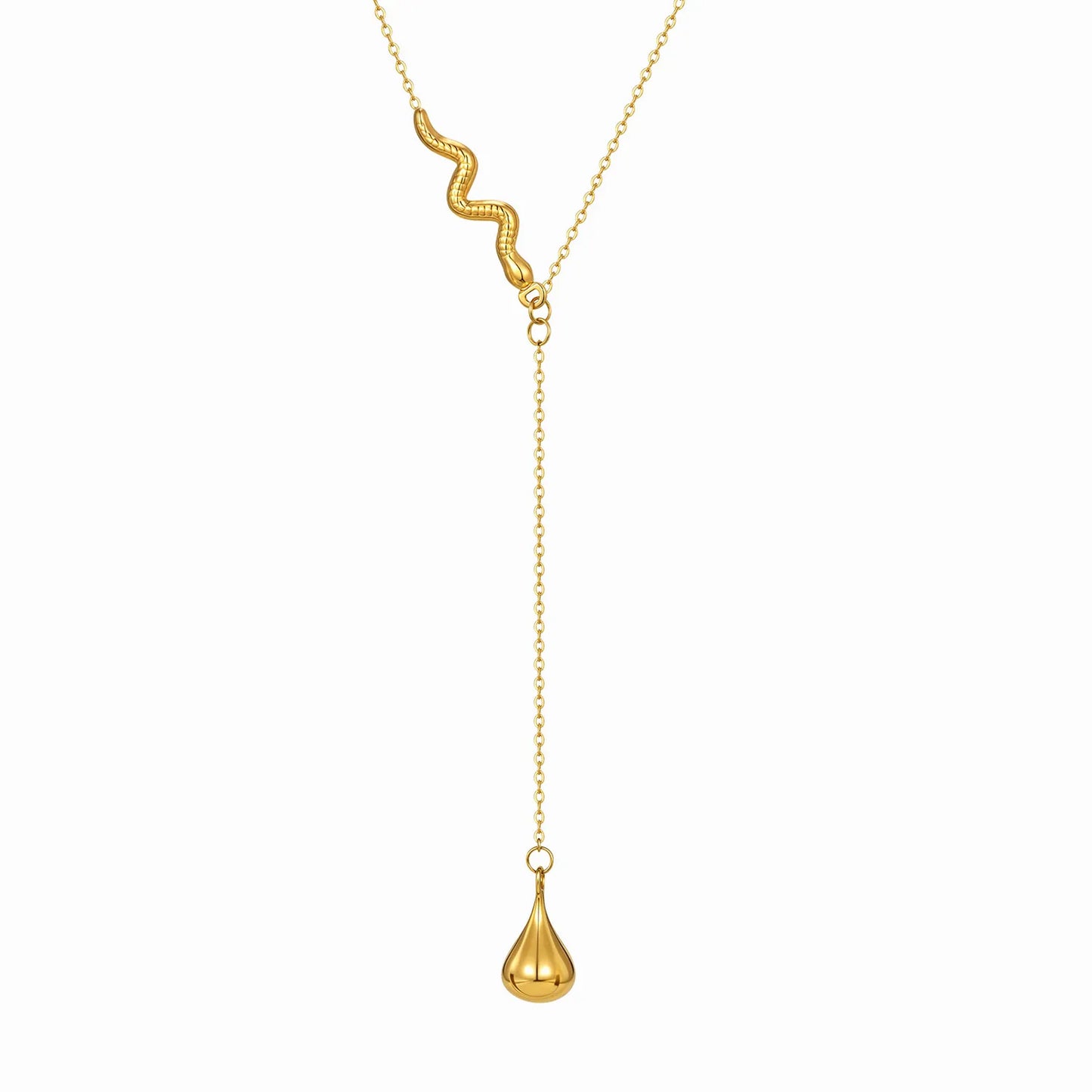 18K Gold Snake & Teardrop Lariat Necklace | 45+5cm Adjustable Chain | 6.3x30mm Snake + 9.3x16.6mm Teardrop | Wholesale (MOQ 12)