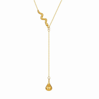 18K Gold Snake & Teardrop Lariat Necklace | 45+5cm Adjustable Chain | 6.3x30mm Snake + 9.3x16.6mm Teardrop | Wholesale (MOQ 12)