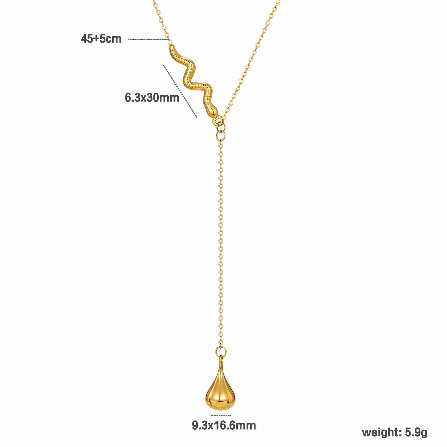 18K Gold Snake & Teardrop Lariat Necklace | 45+5cm Adjustable Chain | 6.3x30mm Snake + 9.3x16.6mm Teardrop | Wholesale (MOQ 12)