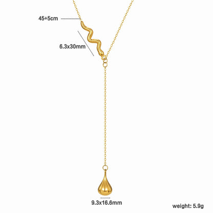 18K Gold Snake & Teardrop Lariat Necklace | 45+5cm Adjustable Chain | 6.3x30mm Snake + 9.3x16.6mm Teardrop | Wholesale (MOQ 12)